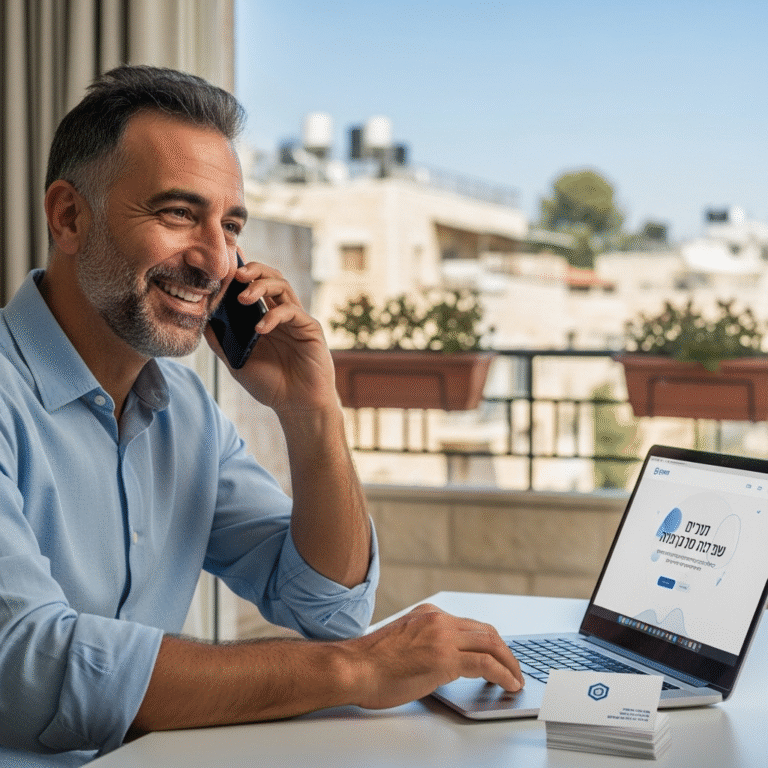 איש עסקים שמח מדבר בטלפון מול הדף נחיתה שלו במחשב